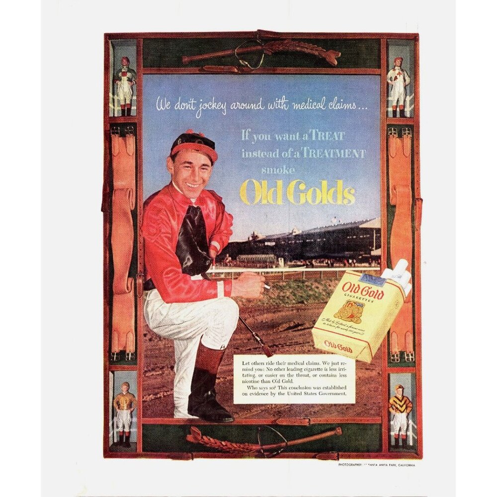 1952 Old Gold Cigarettes Vintage Print Ad Horse Jockey Santa Anita Park Wall Art